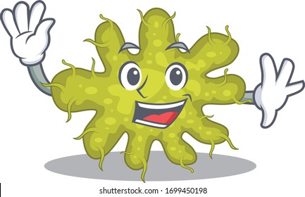 A charismatic bacterium mascot design style smiling and waving hand