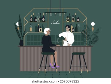 A charismatic bartender interacts playfully with a chic patron dressed in black, Their chemistry is palpable amidst the ambient glow and sophisticated decor of the upscale venue