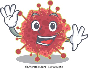 A charismatic coronaviridae mascot design style smiling and waving hand