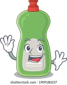 A charismatic dishwashing liquid mascot design concept smiling and waving hand. Vector illustration