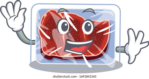 A charismatic frozen beef mascot design style smiling and waving hand