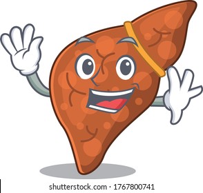 A charismatic human fibrosis liver mascot design style smiling and waving hand