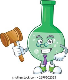 Charismatic Judge green chemical bottle cartoon character design with glasses