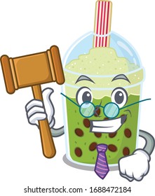 Charismatic Judge matcha bubble tea cartoon character design wearing cute glasses