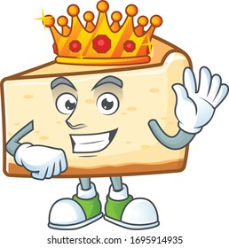 The Charismatic King of cheese cake cartoon character design wearing gold crown