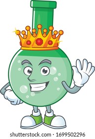 The Charismatic King of green chemical bottle cartoon character design wearing gold crown