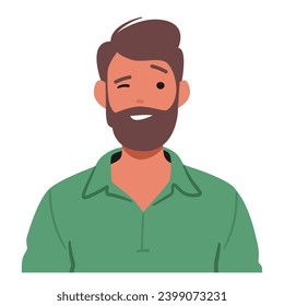 Charismatic Man With A Playful Wink, His Eyes Sparkling With Mischief, Accompanied By A Warm Smile That Radiates Friendliness And Charm. Joyous Male Character. Cartoon People Vector Illustration