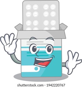 A charismatic medical medicine bottle mascot design concept smiling and waving hand. Vector illustration