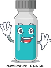A charismatic medical test bottle mascot design concept smiling and waving hand. Vector illustration