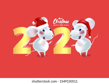 Charismatic mouse postcard. Minimal invitation design for Christmas.  Symbols of 2020 New Year.