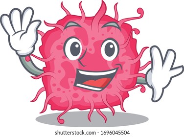 A charismatic pathogenic bacteria mascot design style smiling and waving hand