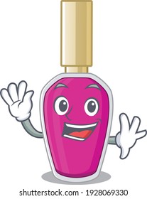 A charismatic pink nail polish mascot design concept smiling and waving hand. Vector illustration