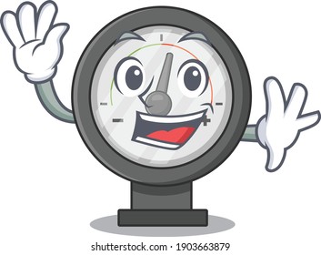 A charismatic pressure gauge mascot design concept smiling and waving hand