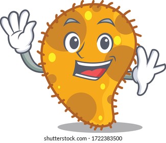 A charismatic pseudomonas mascot design style smiling and waving hand