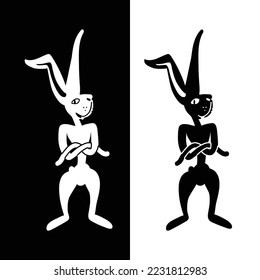 Charismatic rabbit character in black and white graphic style. Cheerful brutal Easter Bunny stands with paws folded on his chest. Symbol of 2023. Element for engraving, embossing, laser.