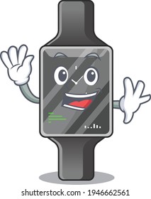 A charismatic smart watch mascot design concept smiling and waving hand. Vector illustration