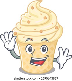 A charismatic vanilla ice cream mascot design style smiling and waving hand