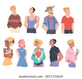 Charismatic Young Men and Women with Various Face Expressions Set Cartoon Style Vector Illustration