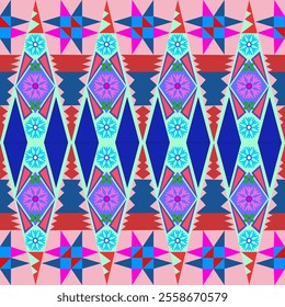 charistmas seamless pattern green blue pink star christmas tree 
gift ikat new year