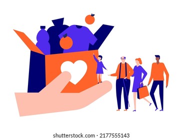 Charitable assistance - modern colorful flat design style illustration on white background. A scene with palm stretching humanitarian aid to people of different ages and nationalities. Food supply