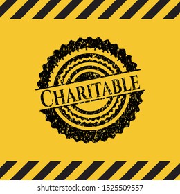 Charitable black grunge emblem inside yellow warning sign. Vector Illustration. Detailed.