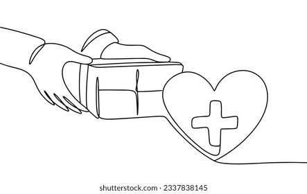 Charitable contribution to the development of medicine. International Day of Charity. One line drawing for different uses. Vector illustration.