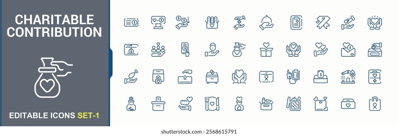 Charitable contribution icon set. It contains symbols to social, caring, friendship, empathy, fund and more. Minimalistic icons. Vector icons editable stroke.