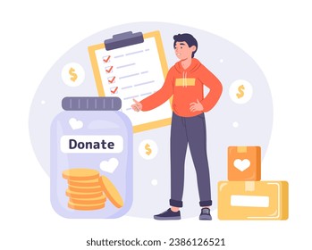 Charitable donate concept. Man near glass with golden coins. Activist and volunteers of fund. Generosity and kindness. Cartoon flat vector illustration isolated on white background