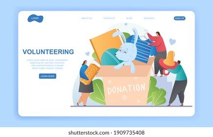 Charitable donation abstract concept. Giant diverse multiracial characters collecting donations for people in need. Flat cartoon vector illustration. Website, webpage, ladning page template
