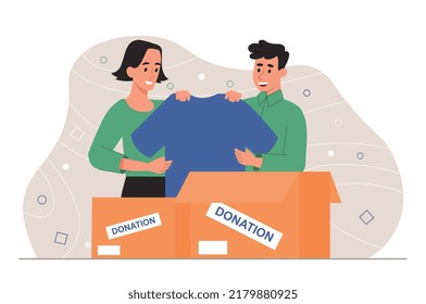 Charitable donation of clothing. Smiling guy and girl collect tshirts and put them in cardboard box. Kind volunteers help people in need and give them things. Cartoon flat vector illustration