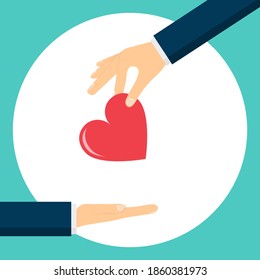Charitable donation. The hand extends the heart to the palm of the person. Helping those in need. Vector illustration. Vector.