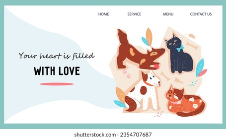 Charitable donation for homeless animals. Website banner template for animals shelter, veterinary help and charity, flat vector illustration.