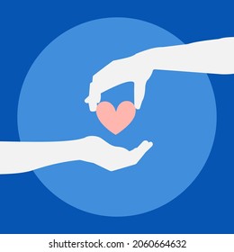 Charitable Donation. A Person Shares Money, Time, Health. Poster Design In Which The Hand That Gives The Heart And The Hand That Receives Help. Vector.