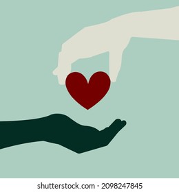 Charitable Donation. A Person Shares Money, Time, Health. A Poster Design In Which The Hand Is Giving Its Heart And Support And The Hand Is Receiving Help. Vector.