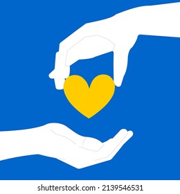 Charitable donation. A person shares money, time, health. Poster design in which a person gives his heart and supports another person. Vector.