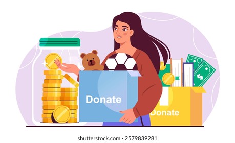 Charitable donation woman. Young girl with box of toys. Teddy bear and soccer ball. Generosity and charity, kindness. Volunteer of charitable organization. Flat vector illustration