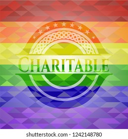 Charitable emblem on mosaic background with the colors of the LGBT flag