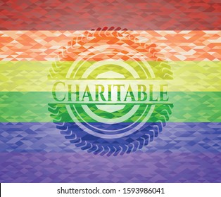 Charitable emblem on mosaic background with the colors of the LGBT flag