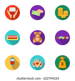 Charitable Foundation. Icons on helping people and donation.Charity and donation icon in set collection on flat style vector symbol stock illustration.