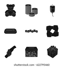 Charitable Foundation. Icons on helping people and donation.Charity and donation icon in set collection on black style vector symbol stock illustration.