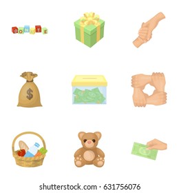Charitable Foundation. Icons on helping people and donation.Charity and donation icon in set collection on cartoon style vector symbol stock illustration.