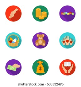 Charitable Foundation. Icons on helping people and donation.Charity and donation icon in set collection on flat style vector symbol stock illustration.