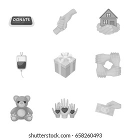 Charitable Foundation. Icons on helping people and donation.Charity and donation icon in set collection on monochrome style vector symbol stock illustration.
