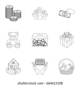 Charitable Foundation. Icons on helping people and donation.Charity and donation icon in set collection on outline style vector symbol stock illustration.