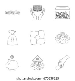 Charitable Foundation. Icons on helping people and donation.Charity and donation icon in set collection on outline style vector symbol stock illustration.
