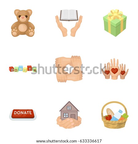 Charitable Foundation. Icons on helping people and donation.Charity and donation icon in set collection on cartoon style vector symbol stock illustration.
