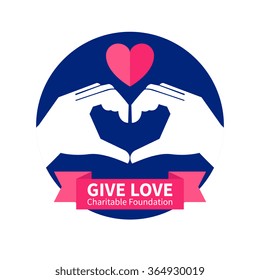 Charitable foundation logo with give love and peace symbol flat vector illustration 