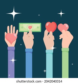 charitable funding illustration with hands with hearts and money