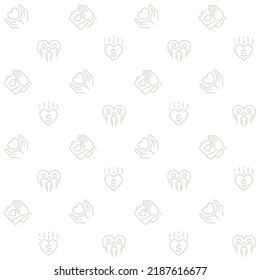 Charitable giving abstract seamless pattern. Editable vector shapes on white background. Trendy texture with cartoon color icons. Design with graphic elements for interior, fabric, website decoration