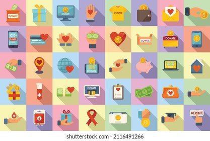 Charitable giving icons set flat vector. Donate food. Nonprofit sponsor